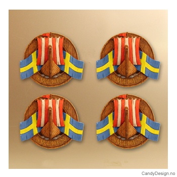 Runde suvenirmagneter med svensk flagg - Vikingskip forfra