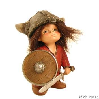 Store forelskede vikingebarn enkle figurer med fluffy hår  Vikinggutt med sverd og skjold i rødt