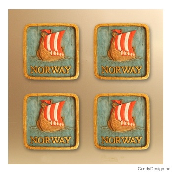 Vikingeskip - firkantet magnet med Norske flagg