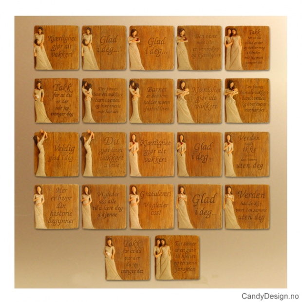 Firkantede magnetplater med kjærlighetstekster og kvinnefigurer
