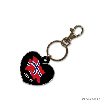 Suvenir nøkkelring i myk PCV - Sort hjerte med norsk flagg