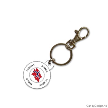 Suvenir nøkkelring i myk PCV - Rund hvit med norsk flagg