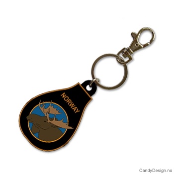 Suvenir nøkkelring i myk PCV - Oval med elg på blå bunn