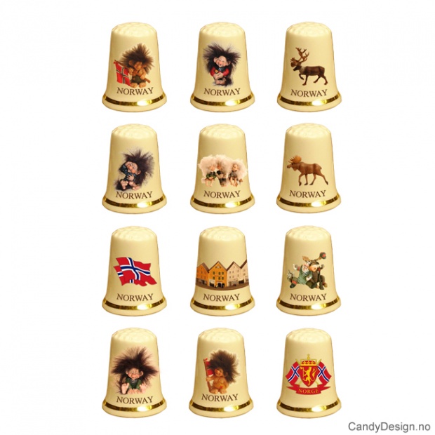 Fingerbøl med motiv troll, elg, flagg assortert