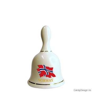 Stor suvenir bjelle i porselen med Norsk motiv  To Norske flagg