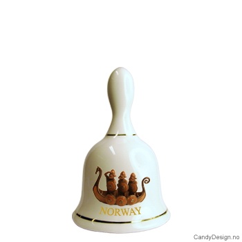 Stor suvenir bjelle i porselen med Norsk motiv  Vikingskip med tre vikinger