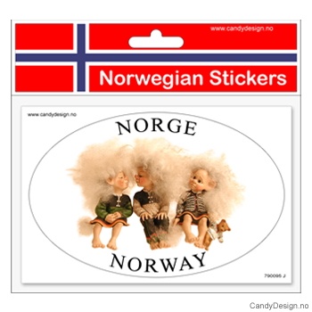 Ovalt klistremerke for bil med 3 sittende troll