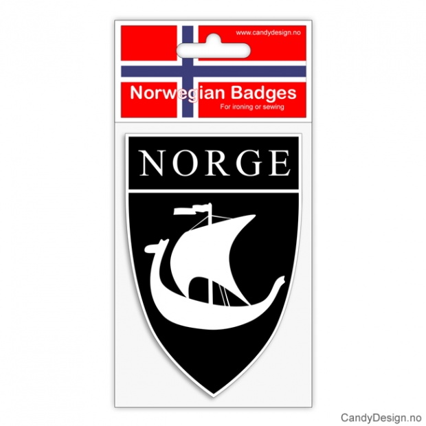 Broderte suvenir jakkemerke med vikingskip og Norge