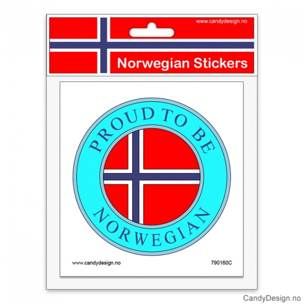 Runde suvenir klistremerker med Proud to be Norwegian og Norsk flagg